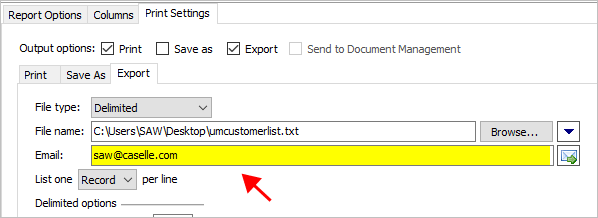 How do I email a report saved as an export file?