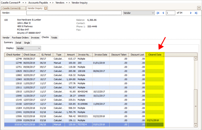 How do I view the check cleared date in Vendor Inquiry?