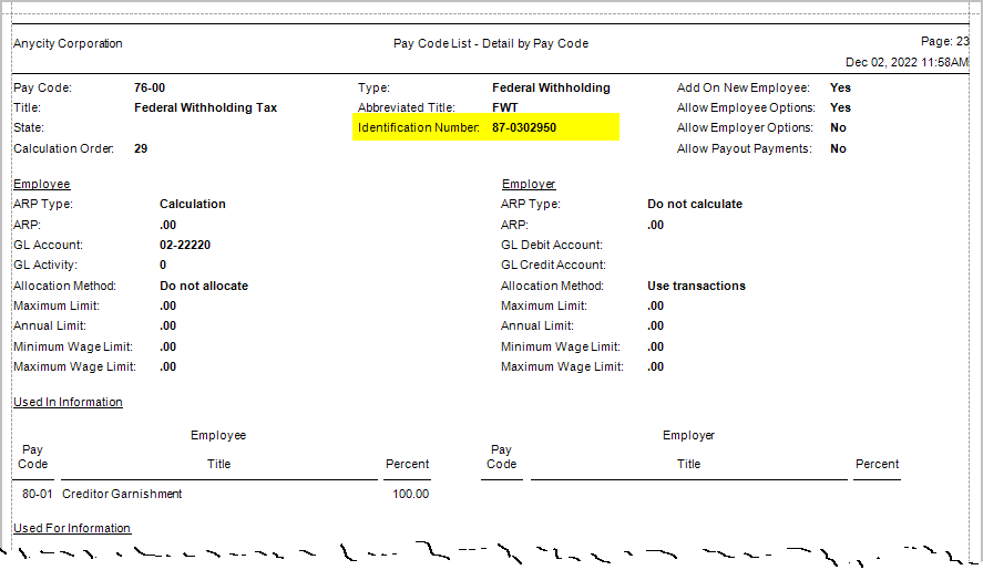 2b. Verify ID numbers for federal and state pay codes