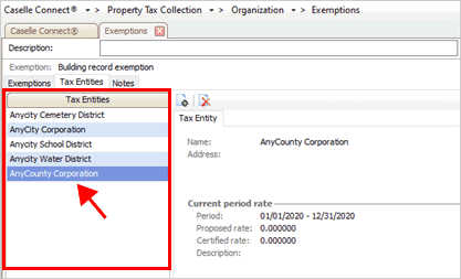 County Entity How do I manage tax entities assigned to an exemption?