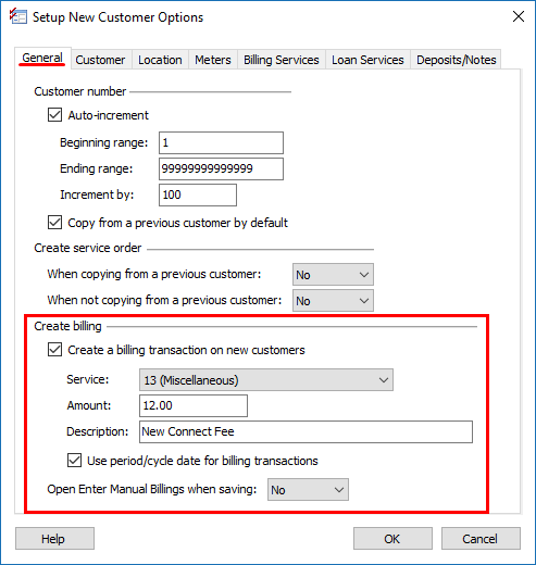 How do I create billing transactions when I set up a new customer?